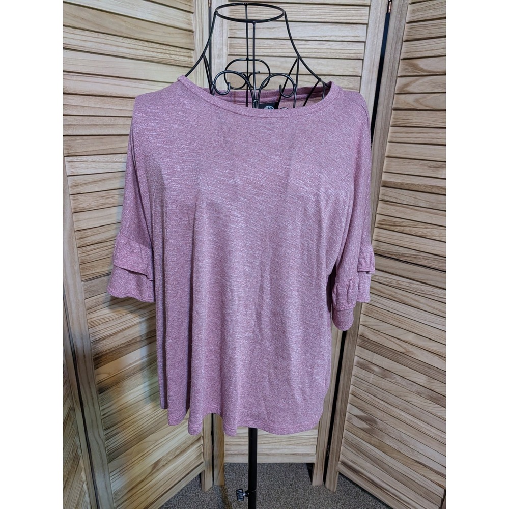 Bobeau Blouse Top Womens M Pink Ruffle 3/4 Sleeve Stretch Pullover